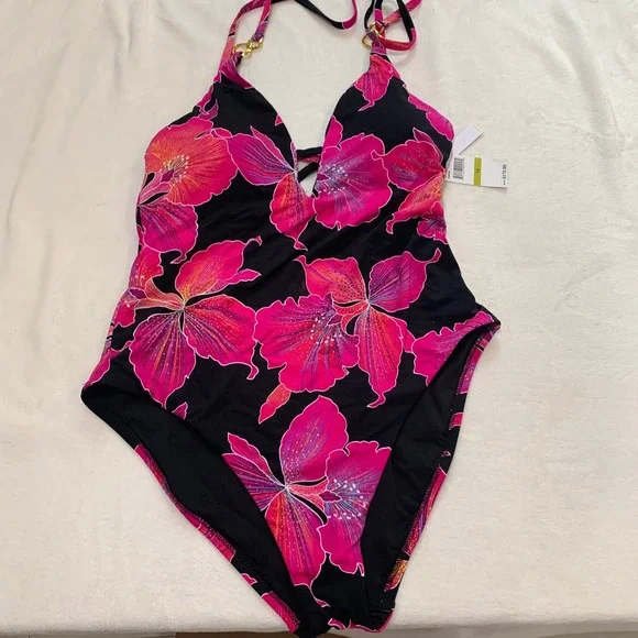 Trina Turk fleury pink black hibiscus flower one piece swimsuit size 14 new - Picture 8 of 14